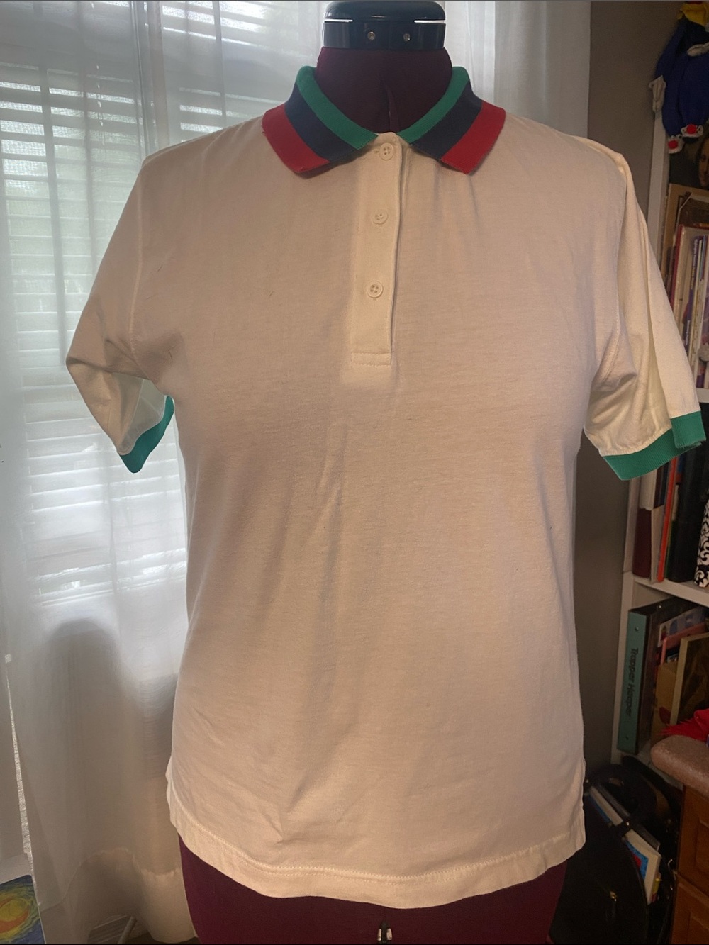 Vintage Talbot Women’s Off White Polo Shirt with Red, Navy and Green Collar
